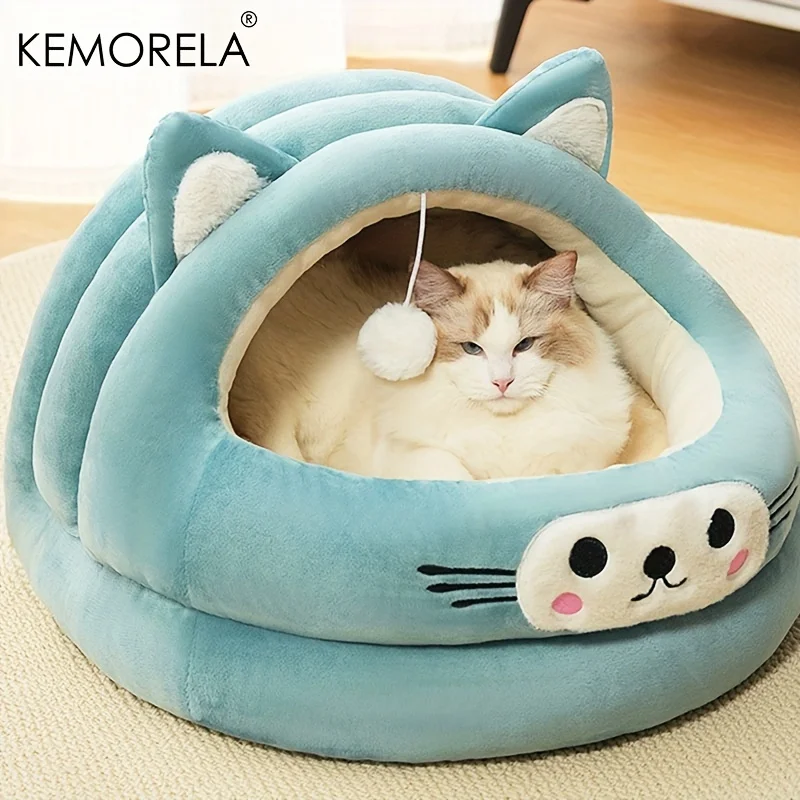 KEMORELA 반밀폐형 두꺼운 고양이 귀 애완 동물 둥지, 따뜻한 애완 동물 용품, 사계절 범용 둥지, 가을 및 겨울 