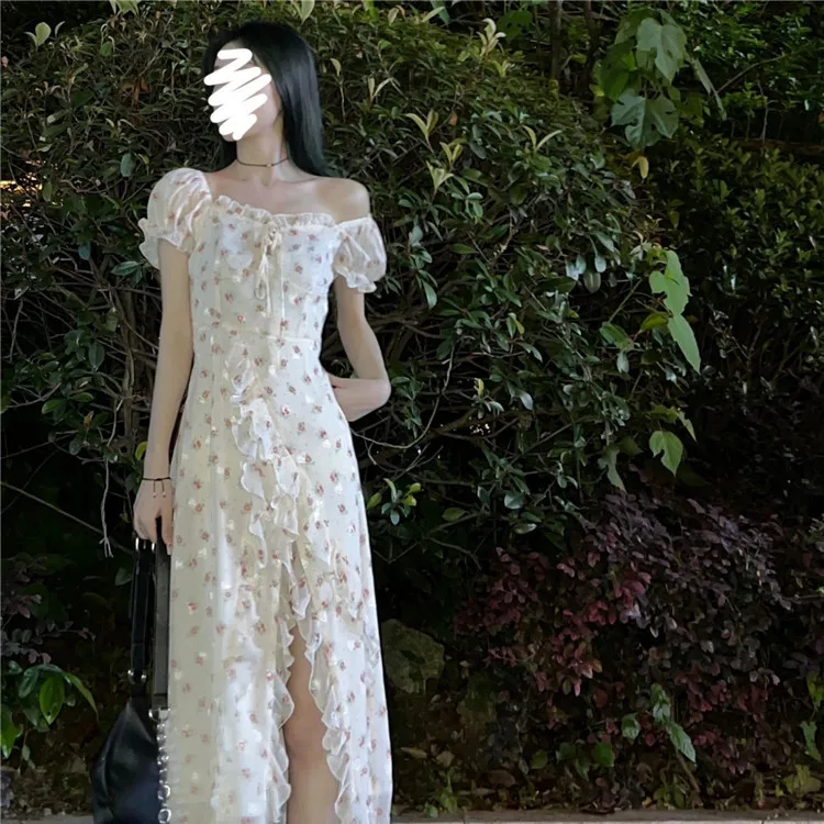 

2025 Summer New Slit Floral Dress Women's Mid-length Gentle Sexy Slim-fit Tea