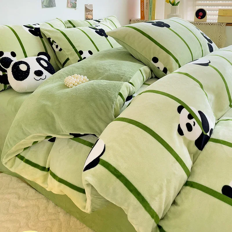 

Cute Cartoon Panda 3pcs Duvet Cover Set Sage Green Thickened Milk Velvet Comforter Covers Boys Girls Bedding with Pillowcase