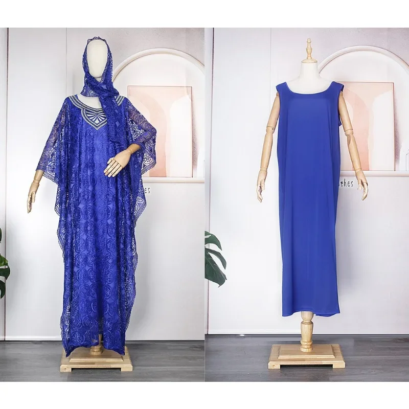 Dashiki African Dresses for Women Spring Summer African Women Blue Yellow O-neck Long Dress Inner and Headtie African Clothes