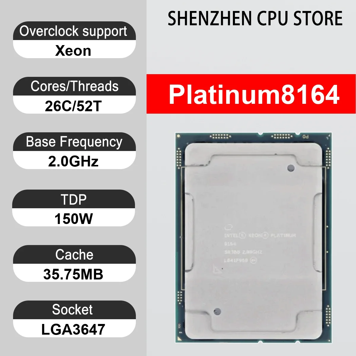 Intel Xeon Platinum8164 26 Core 52 Thread 2.00GHz 150W 35.75MB Cache 14nm LGA3647 SR3BB DDR4-2666 MHz Skylake-SP