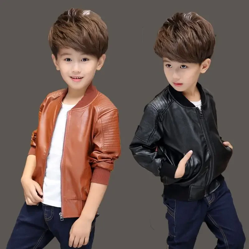 Boys Coats Autumn Winter Fashion Children\'s Plus Velvet / No Velvet Two styles Warming Cotton PU Leather Jacket For 2-14Y Kids