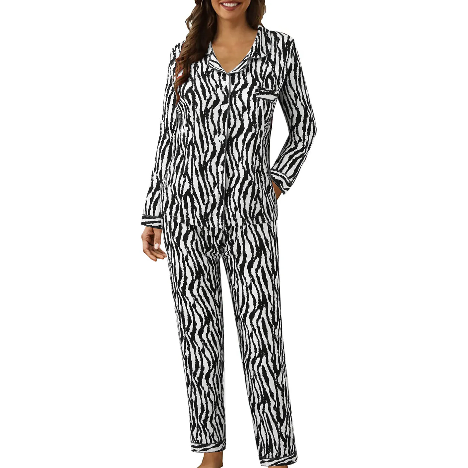 Zebra Stripe Women Pajamas Suits 2024 Sleepwear 2 Piece Set Spring Autumn Long Sleeve Lapel Button Up Shirtrs+Wide Leg Pant Sets