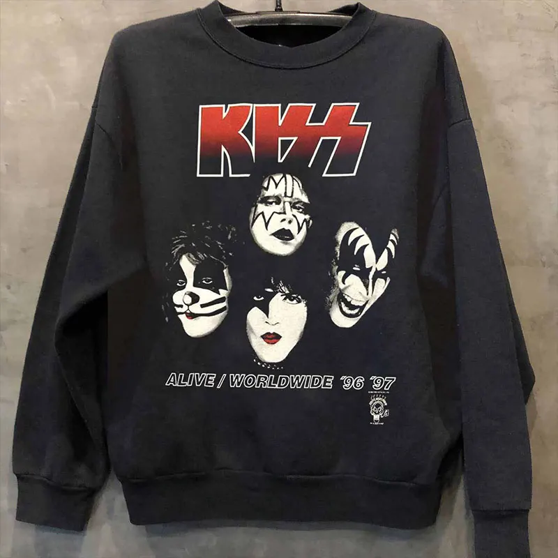 

Autumn Winter Kiss Rock Band Retro Vintage Long Sleeve Niche Trendy Brand Street Hip Hop Sweater Men Band Sports Sweater Women