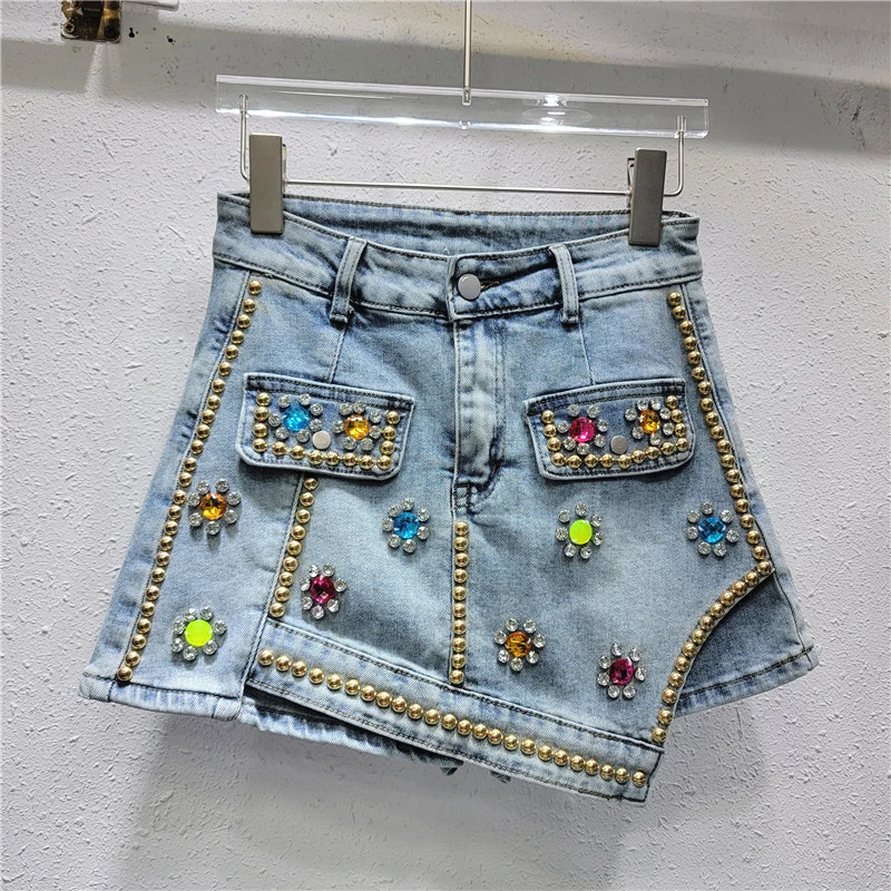 Women Rainbow Color Diamonds Beaded Irregular Denim Shorts Rhinestones Rivets Short Jeans Streetwear Patchwork Wide Legs Pants