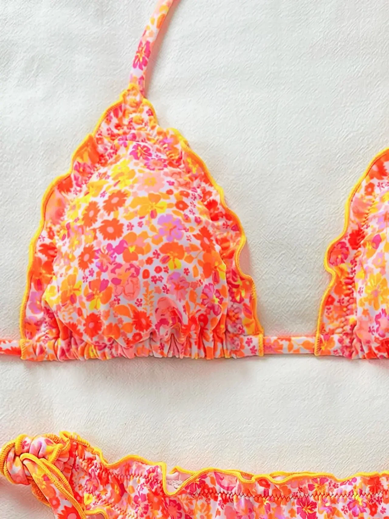 Women Thong Bikini Set Side Lace-up Sexy Swimsuit Bandage Neck Tie Swimwear Adjustable Floral Bikini Underwear Chic