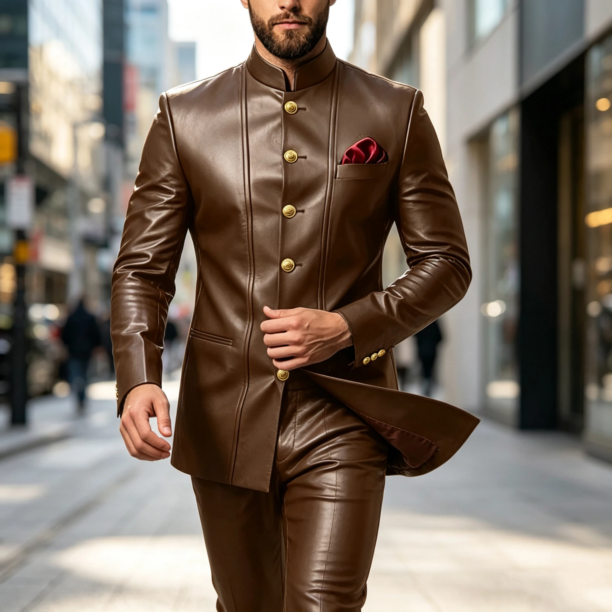 Men's PU Leather Suit 2 Piece Stand Collar Blazer Pants Set Slim Fit Business Casual Suit Jacket Trousers Formal Wedding Tuxedo