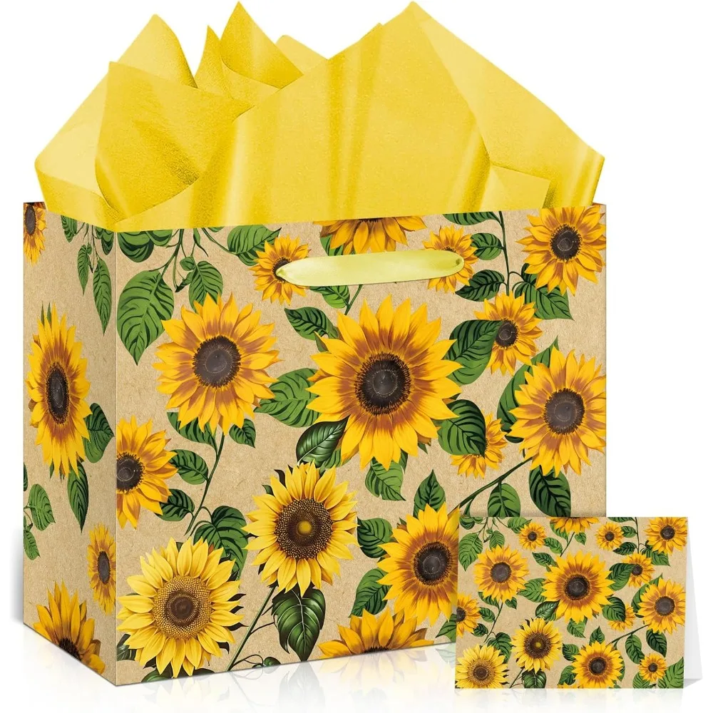 

Large Sunflower Gift Bag with Tissue Paper and Greeting Card Yellow Sunflower Party Favor Bags Decorations Floral Sunflower