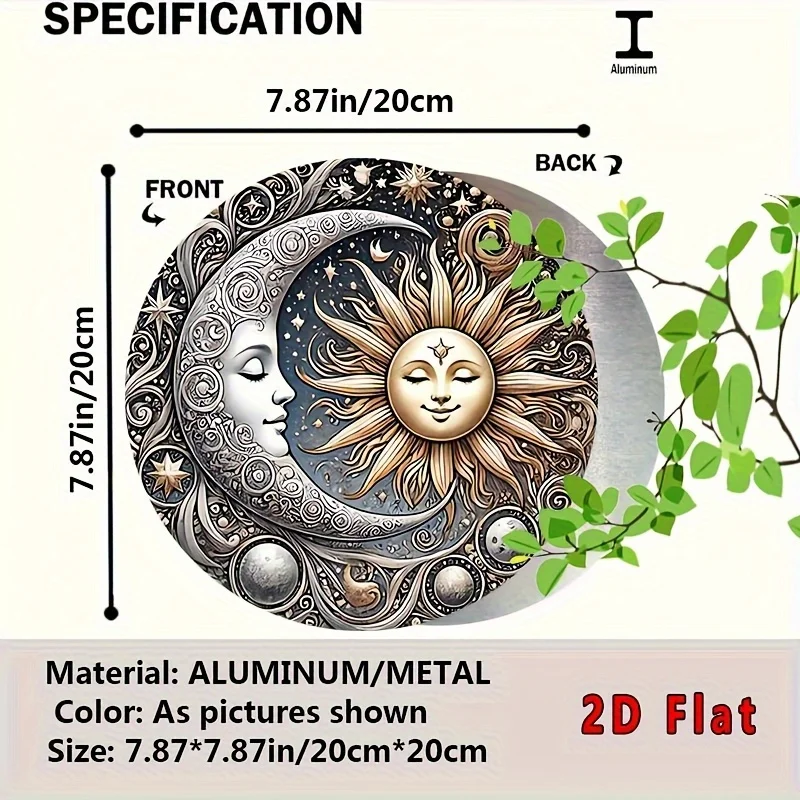 2D Flat, 1pc Vintage Celestial Sun & Moon Aluminum Wall Art - Rustic Metal Sign with Planetary Design, 2D Flat Round Home & Cafe
