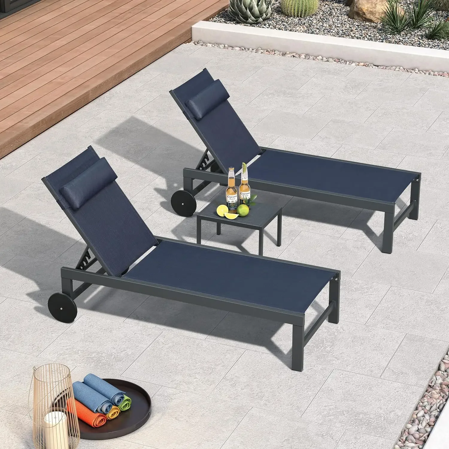 

Patio Lounge Chair Set of 3 Outdoor Chaise Lounger Aluminum Frame with Side Table and Wheels