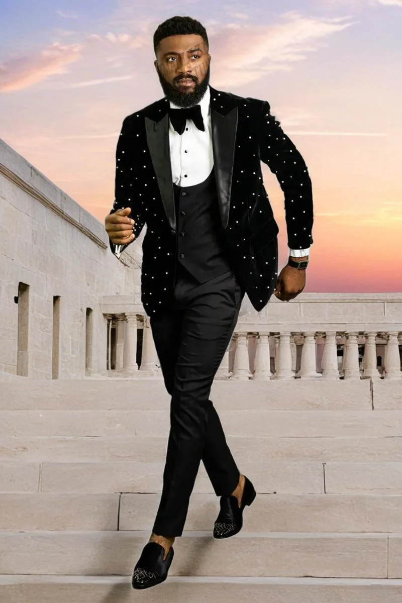 Luxury Beading Burgundy Velvet Men Suits Homme Groom Tuxedos Wedding Party Terno Masculino Slim Fit 3 Pieces Jacket Vest Pants