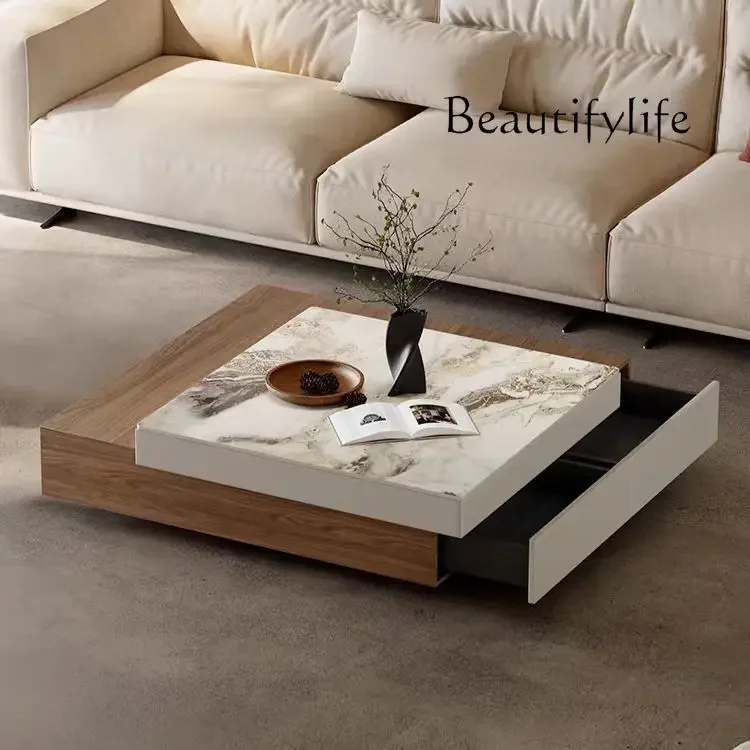 

LItalian Minimalist Rotatable Square Storage Living Room Creative High-end Coffee Table Rotating Rock Slab Coffee Table