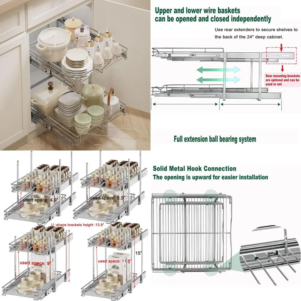 

Выдвижной органайзер для кухни, 2-уровневые выдвижные полки, 14x21 дюймов, проволочная корзина для хранения в шкафах и кладовой