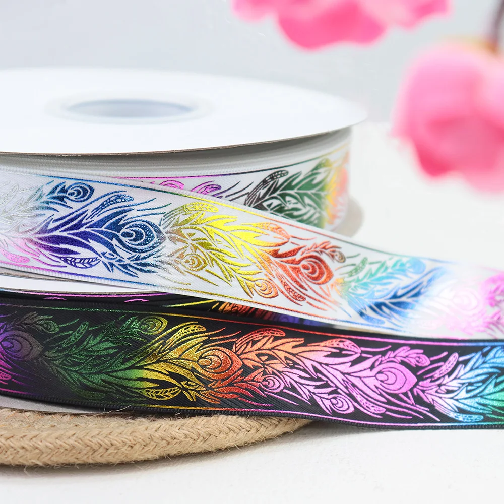 1\'\' 25mm Iridescence Phoenix Peacock Feathers Printed Polyester Satin Ribbon For Hair Bows Gift Wrapping DIY Sewing Accessories