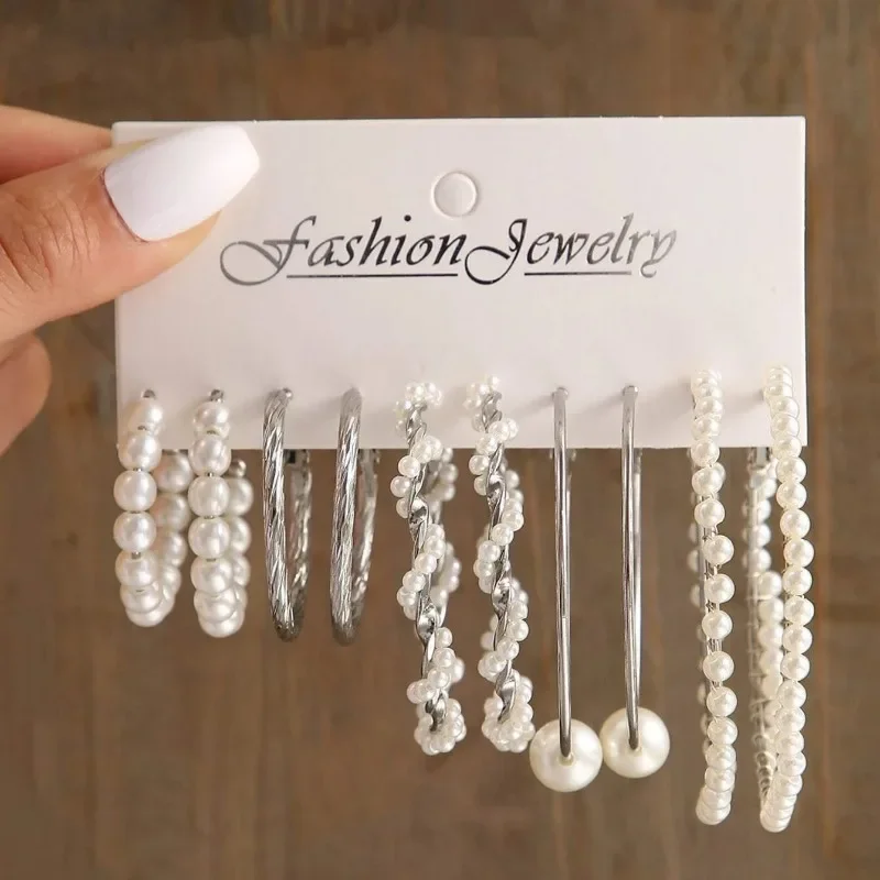 Fashion women's round earrings set, imitation pearl plated K gold jewelry gift image 2