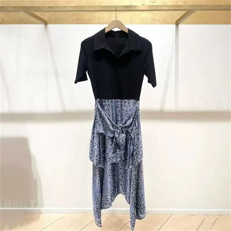 

Fake Two Pieces Midi Robe Women Turn-Down Collar Spliced Satin Irregular Printed Lace-Up Female Slim Dress Summer 2025