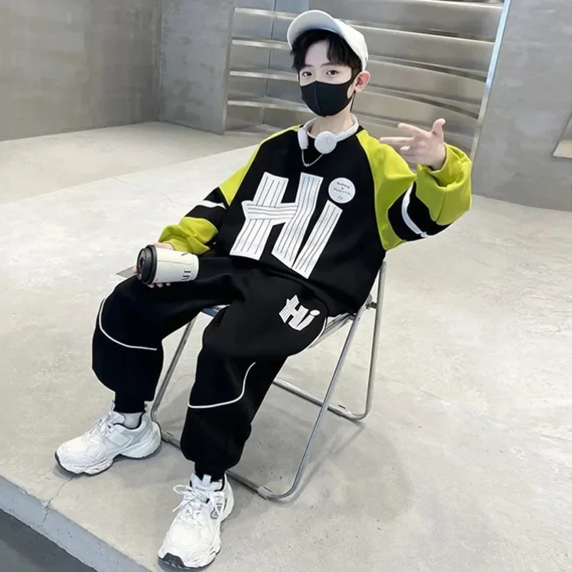 Big Kids Fashion Clothing Set Teenager Letter Top+Pants 2Pcs Spring Outfits 5-14Y New Boys Hooded Sets Children Hoodies Suits