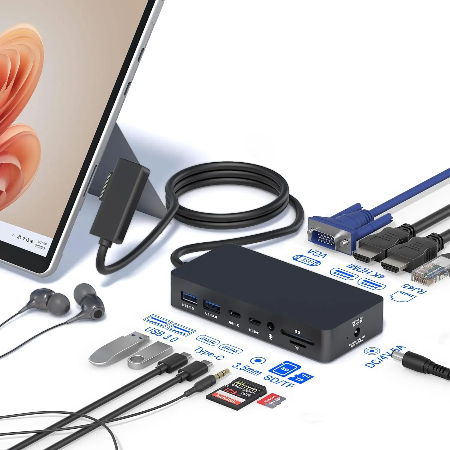 

Многофункциональная док-станция 12-в-1 с тройным дисплеем, 4K HDMI, VGA и быстрой зарядкой для устройств Microsoft Surface