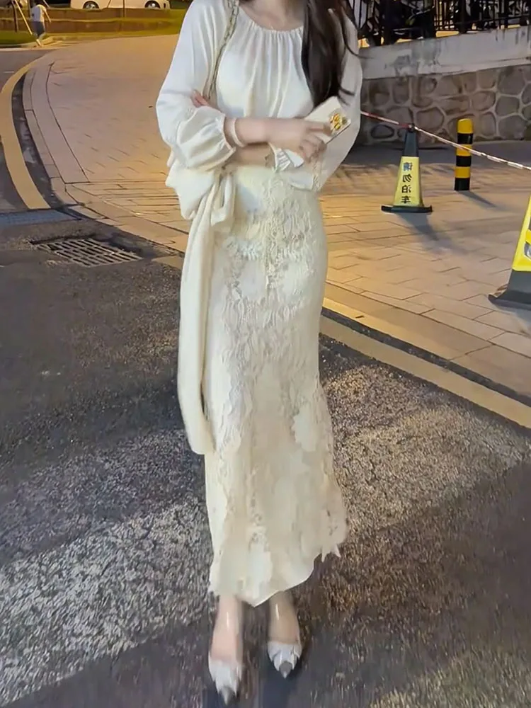 

Heavyweight Design Sensation Hook Flower Drapey Wrap Skirt Sweet Style Belted Long Dress Spring 2025 Retro New Arrival