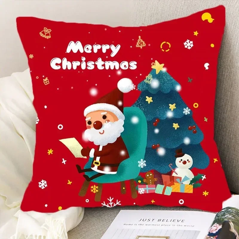 Christmas cartoon pillow cover, Santa Claus, reindeer, snowman, cute pillowcase, home celebration, red creative gift