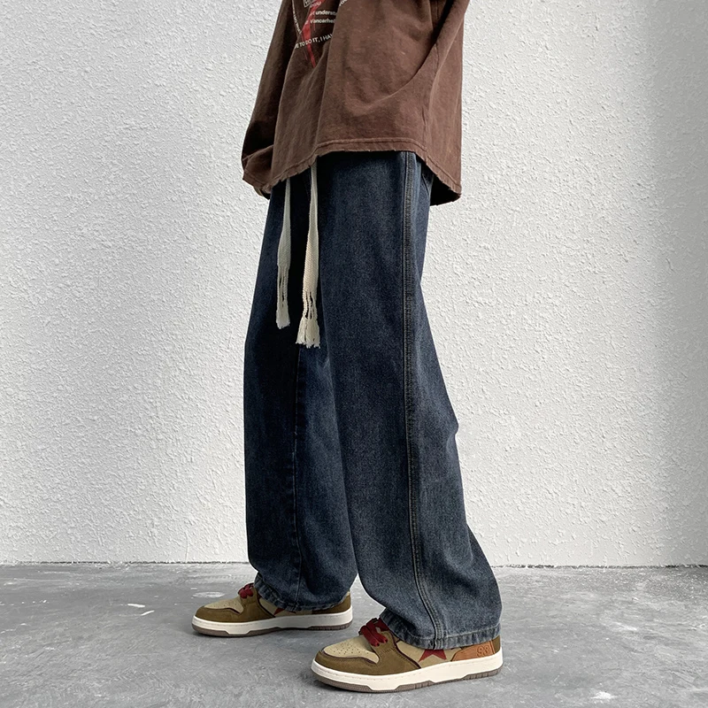 CAAYU 2022 New Streetwear Baggy Jeans Mens Korean Fashion Loose Straight Wide Leg Pants Male Brand Clothing Black Dark Blue Mens