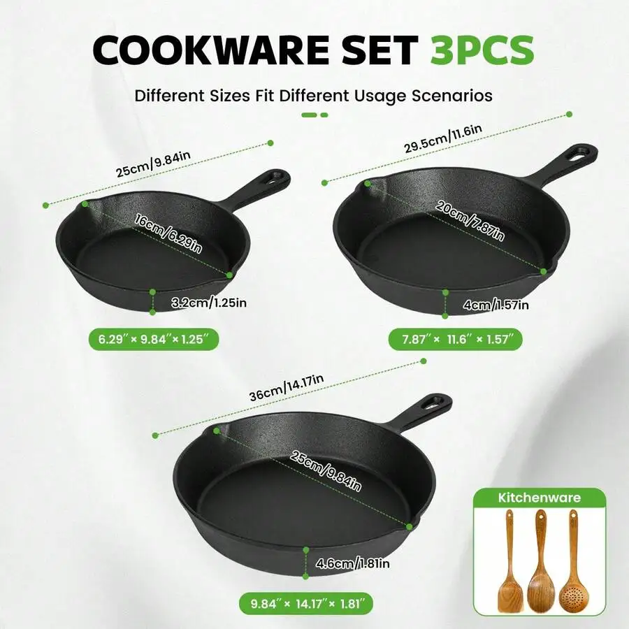 Cast Iron Skillet 3-Piece Set+3Pcs Cooking Utensils, Heavy-Duty Professional Restaurant Chef Quality Pre-Seasoned Pan Cookware S