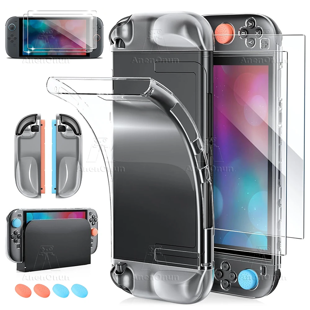 

Switch 2 7-in-1 Protective Kit Transparent TPU Dockable Soft Case W/2 Shatterproof Tempered Glass Screen Protector 4 Thumb Grips