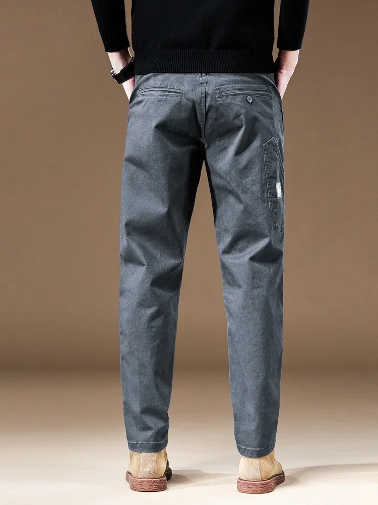 Autumn New 97% Cotton Men\'s Cargo Pants Vintage Straight Splicing Work Jogger Trousers Baggy Casual Brand Male Pants Khaki Grey