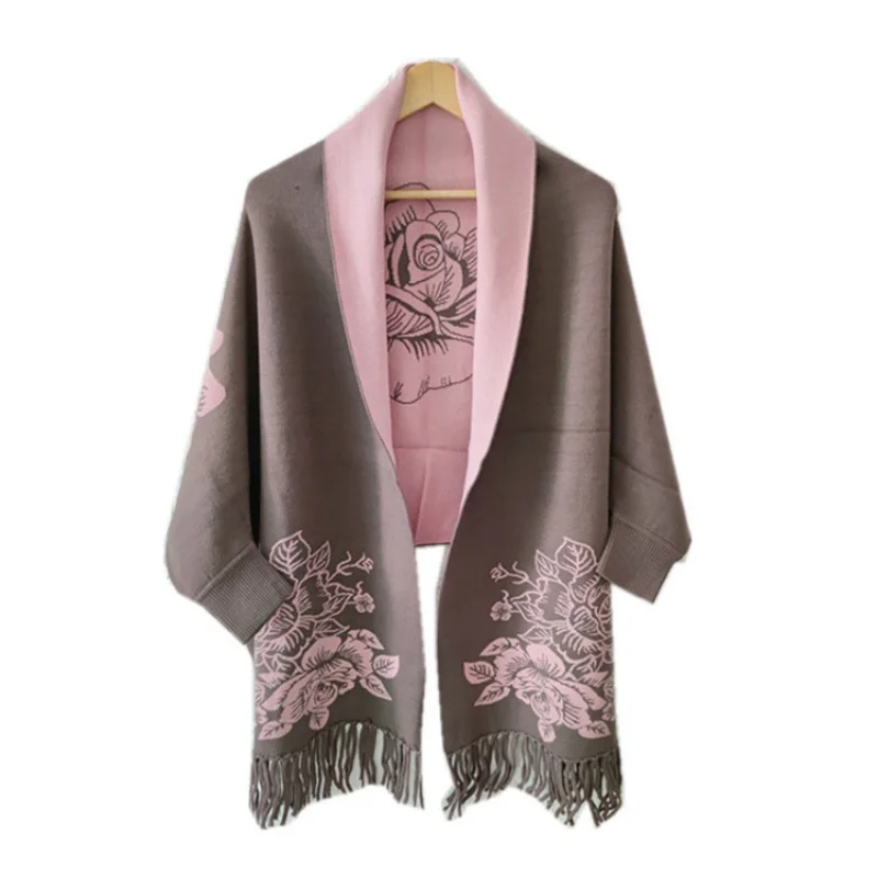  2023 Autumn and Winter New Imitation Cashmere Tassel Shawl Female Peony Flower for Cheongsam All-Match Sleeved Cloak Scarf