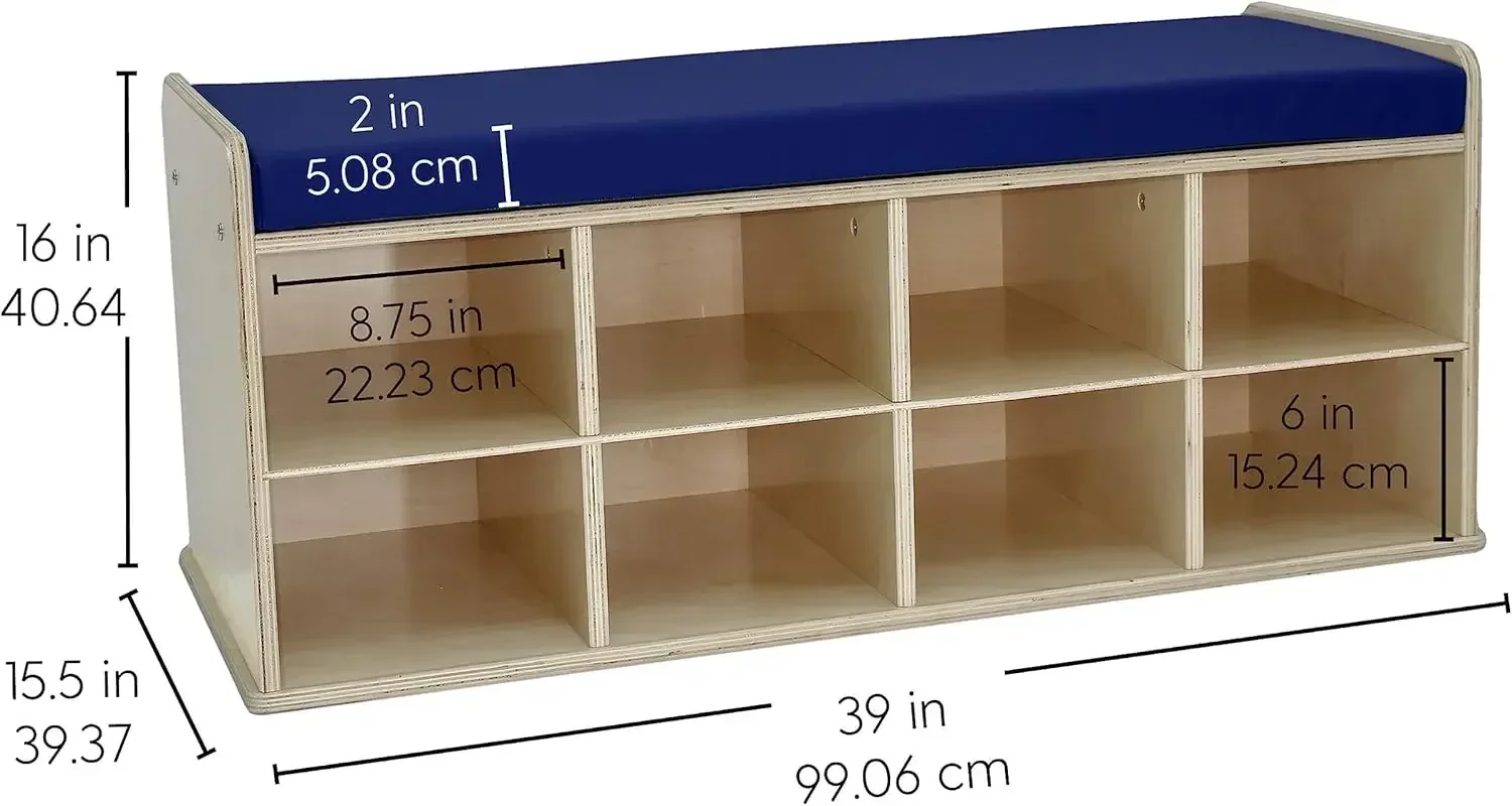 Aufbewahrungsbank aus natürlicher Birke mit 8 Fächern und bequemem blauen Vinylsitz (16" H); Organisieren Sie Schuhe, Hüte, Spielzeug – langlebige Möbel