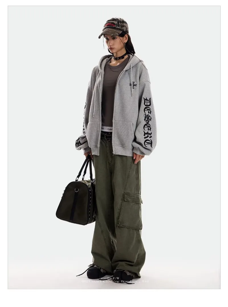 Letter Embroidery Hoodie Streetwear Women Oversized Loose Hoodies Kpop Casual Streetwear Zip Up Sweatshirts Men Harajuku Y2K Top