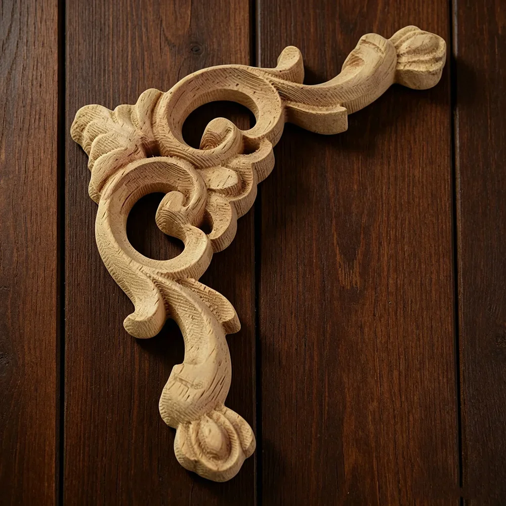 8PCS Natural Classical Ornamental Wood Mouldings Decal Onlay Wood Applique Floral Rose Wooden Accessories Decoration Decal