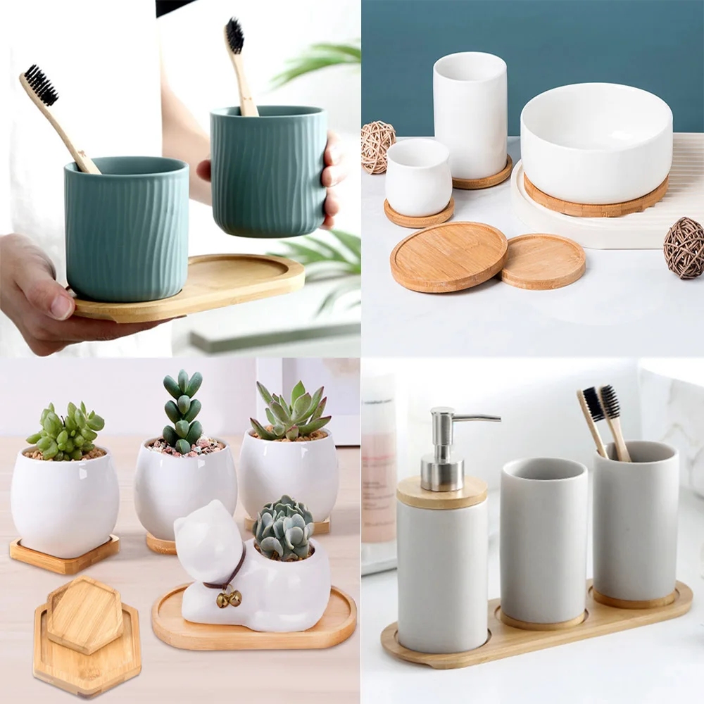 Tray Flower Pot Bamboo Oval Shape Soap Dispenser Wood Saucer Mini Plant Flower Stand Kitchen Storage for Home Garden Accessories