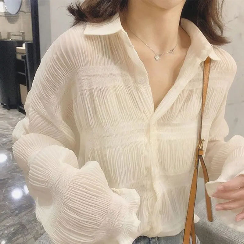 Female Clothing Stylish Ruffle Long Sleeve Blouse Spring Summer Commute Solid Color Casual Folds Polo-Neck Single-breasted Shirt