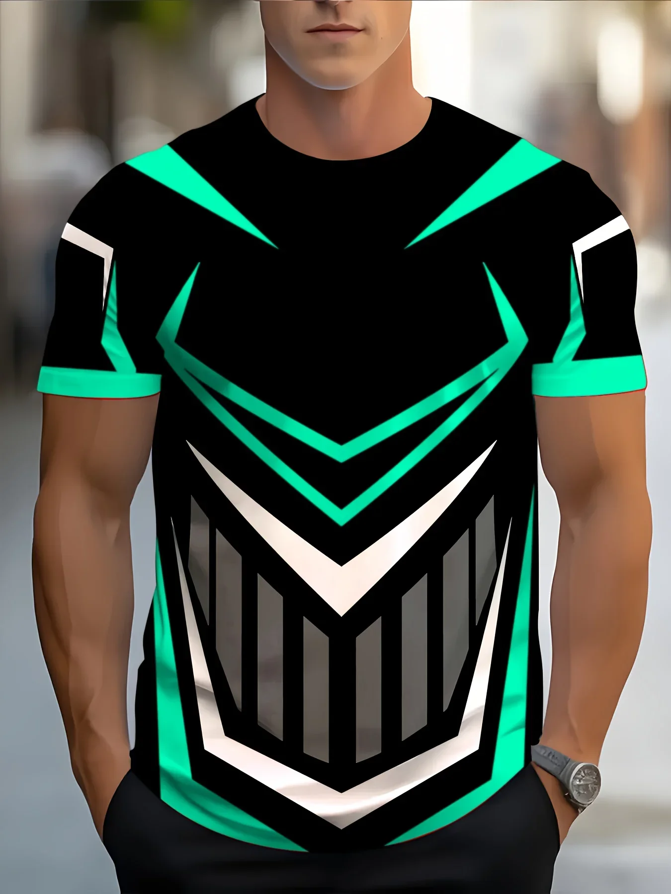 

Men'S Streetwear Graphic T-Shirt - 3D Digital Print Black with Green & White Design Short Sleeve Regular Fit Casual Summer