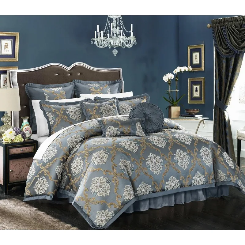 

9 Piece Aubrey Decorator Upholstery Comforter Set and Pillows Ensemble, King, Blue