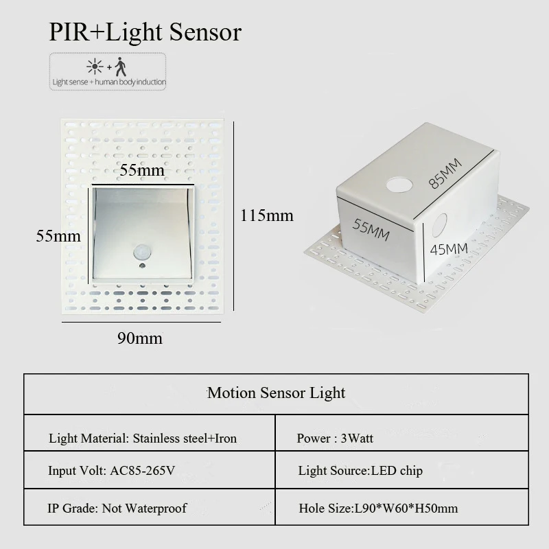 Ingebouwde frameloze LED-stap- en trapwandlampen 3W bewegingssensor binnen slaapkamer ladder foyer hoek intelligent nachtlampje 100-240V