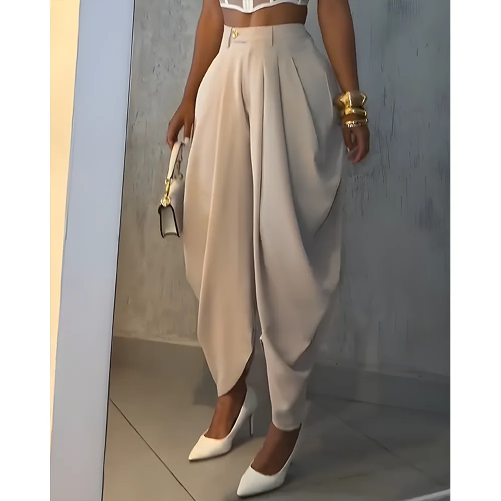 New High Waisted Loose Pleated Casual Pants Women Irregular Hem Comfortable Streetwear Fashion Solid Color Trousers