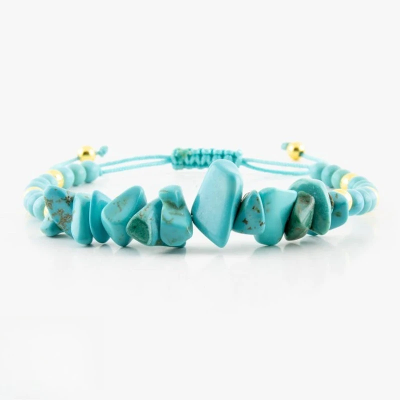 Adjustable Handmade Turquoise Beaded Bracelet Gemstone Chips Gold Accents Macramé Boho Gift for Women