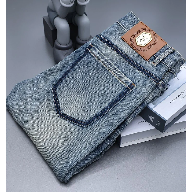 Retro washed jeans men's affordable luxury fashion high-end elegant slim-fitting small straight casual long pants summer thin