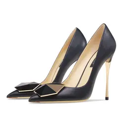 Zapatos de mujer de tacón alto con botón metálico, tendencia 2026, de cuero de lujo con punta, para verano