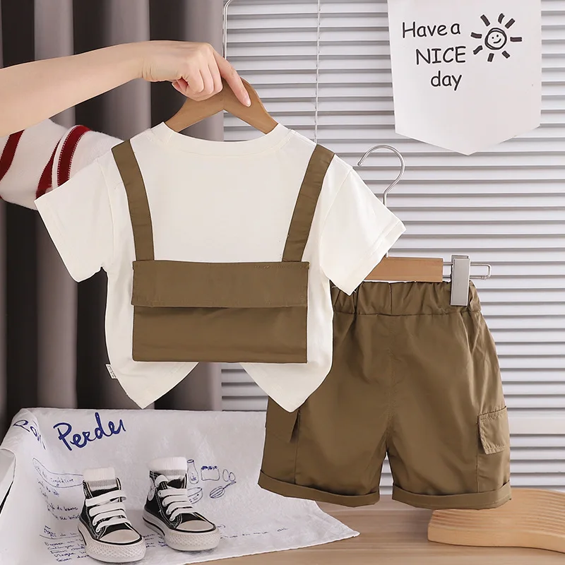 Baby Boy Clothes 2026 Summer New Toddler Boys 2pcs Set Casual Trendy Contrast Strap Letter Print T-shirt and Shorts Kids Outfits