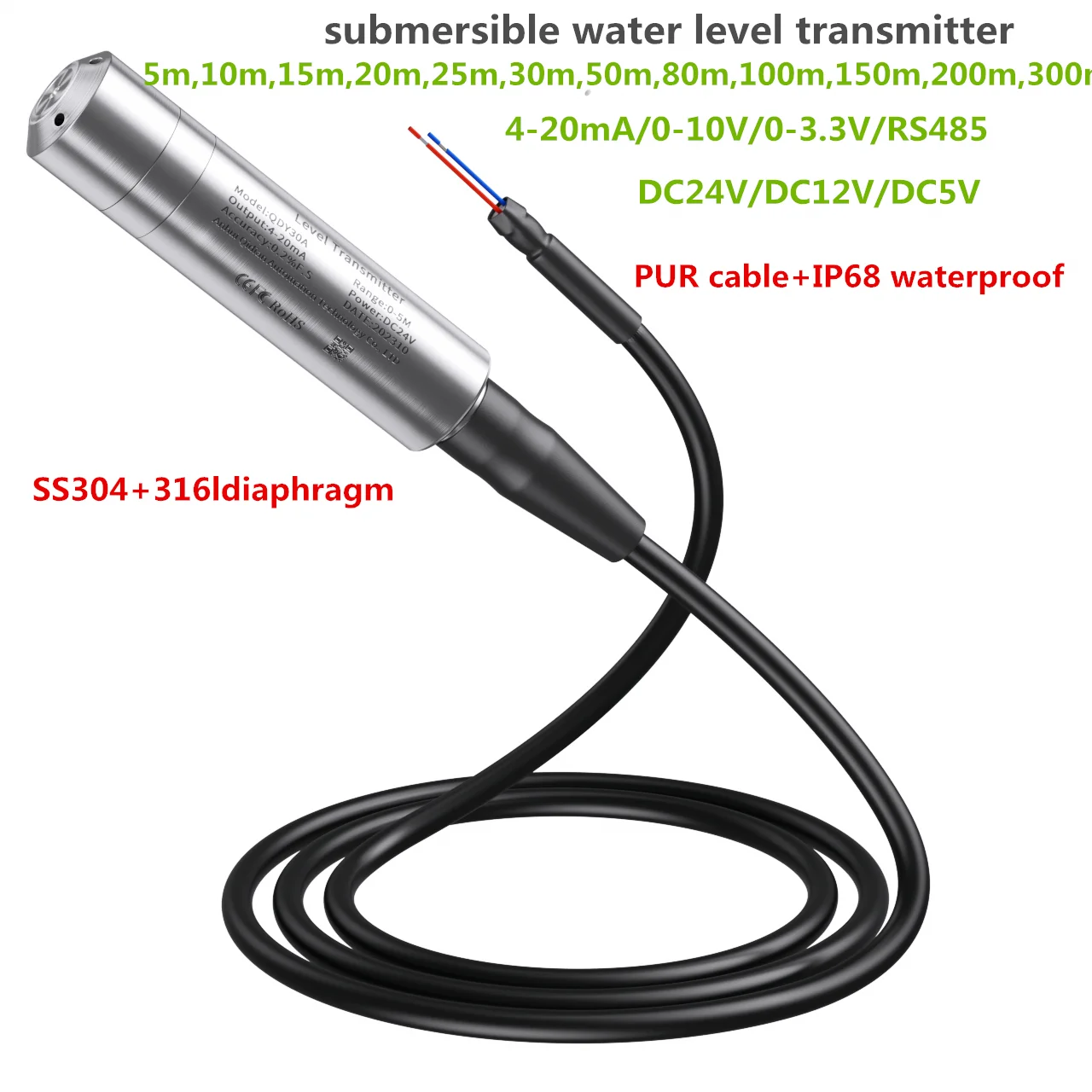 

Liquid Level Transmitter 0-10V 4-20mA Water Level Sensor RS485 0-3.3V Water Level Transducer 5M 15M 10M 80M