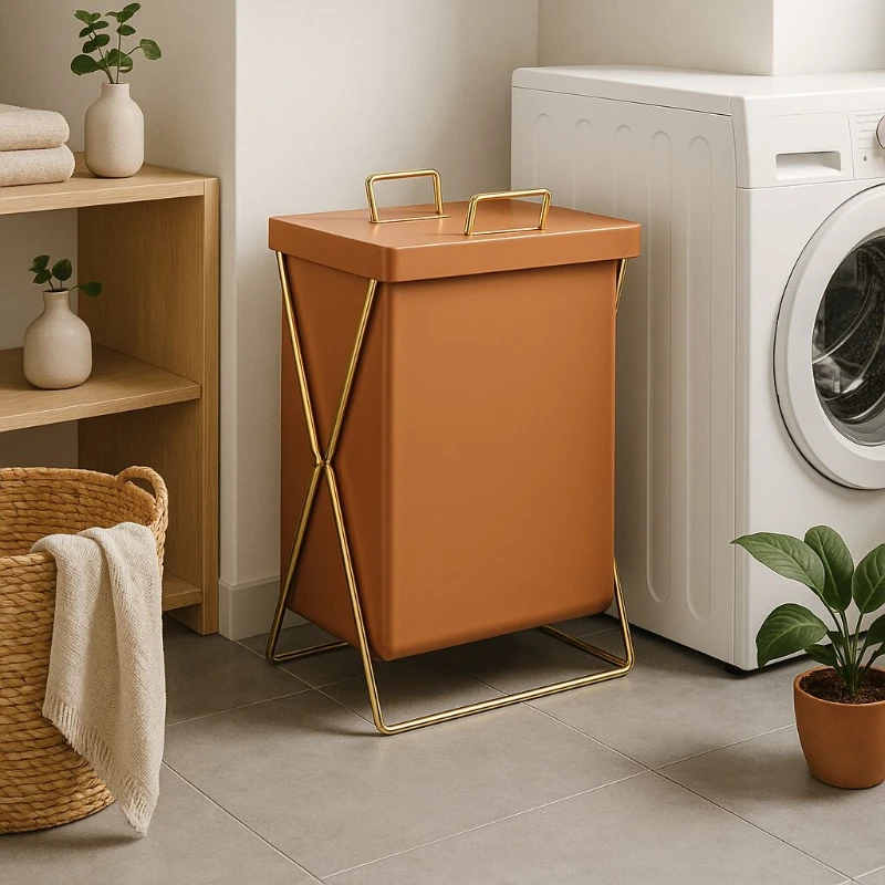 

Classic Luxury PU Laundry Basket, Home Bathroom Yoga Mat Storage Bin, Nordic Covered Waterproof Laundry Basket, Foldable