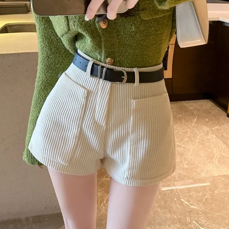 

Korea Retro Corduroy Belt Shorts Women Casual Korean High Waist Sweet Shorts Vintage All Match Simple Pockets Female Shorts New