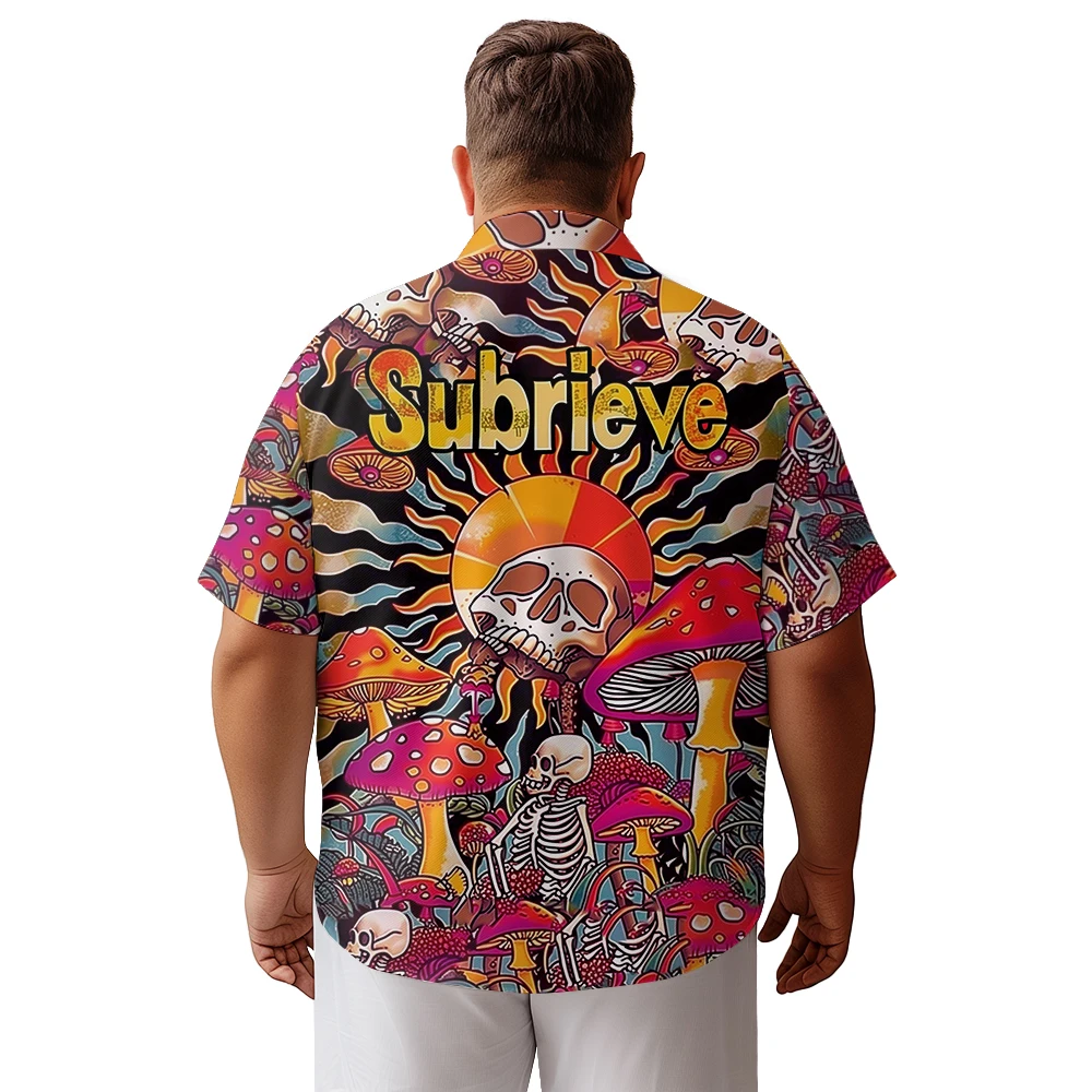 2024 new  Men's shirts plus size Skeletons in the Halloween Sun and Mushroom Forest printed clothing casual short-sleeved