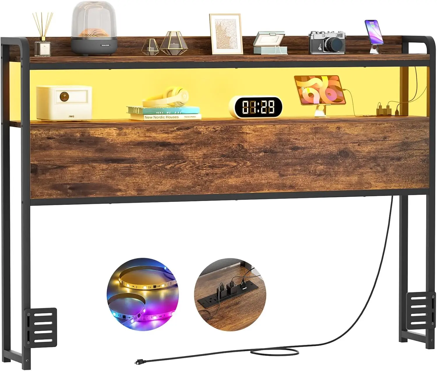 

Headboard for Full Size Bed Frame, Headboards with Outlets, USB Ports and LED Light, Head Board with Storage, Height Ad