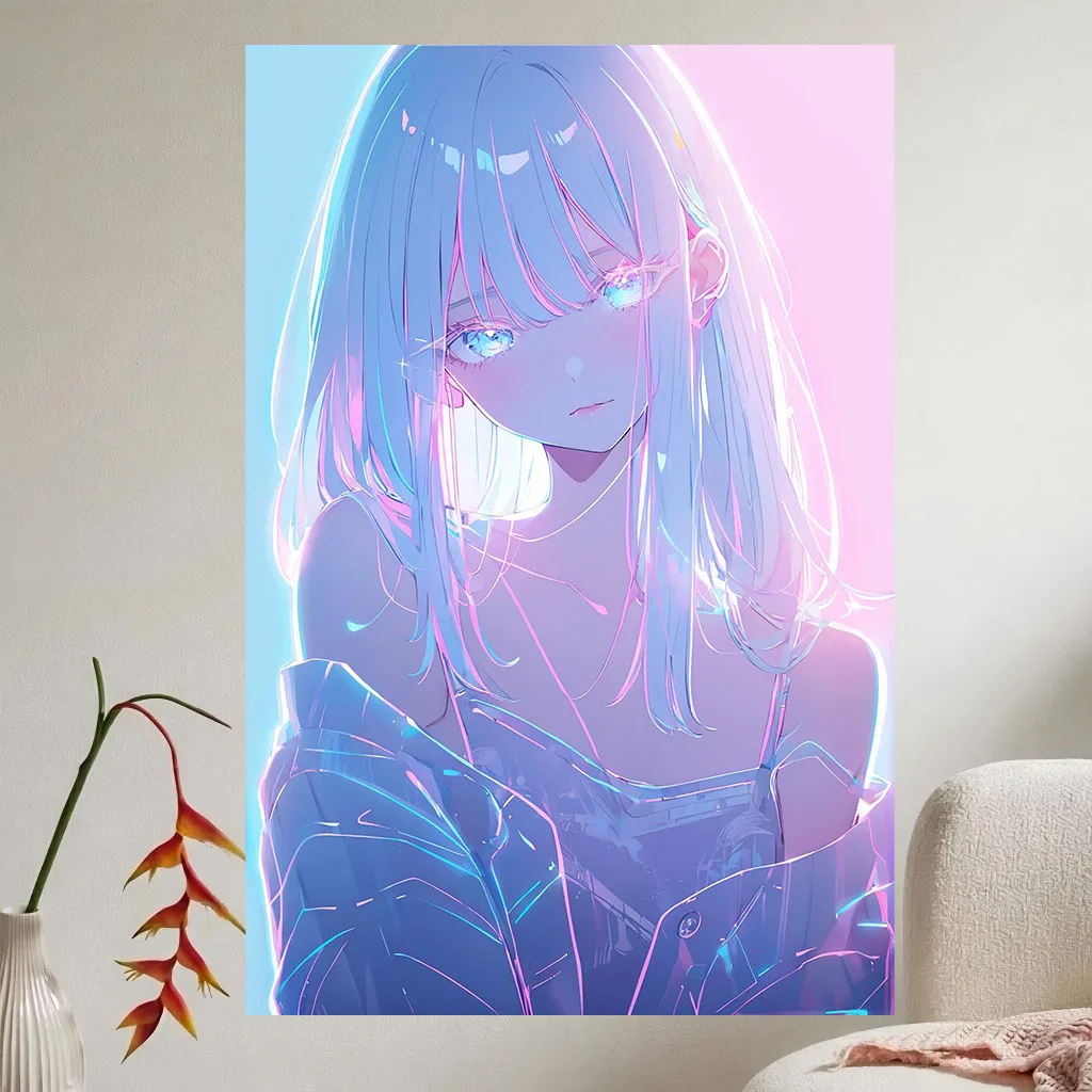 Neon Pastel Anime Girl Tapestry Pink Blue Gradient Holographic Glow Line Art Wall Hanging Dorm Bedroom Wall Decor Blanket