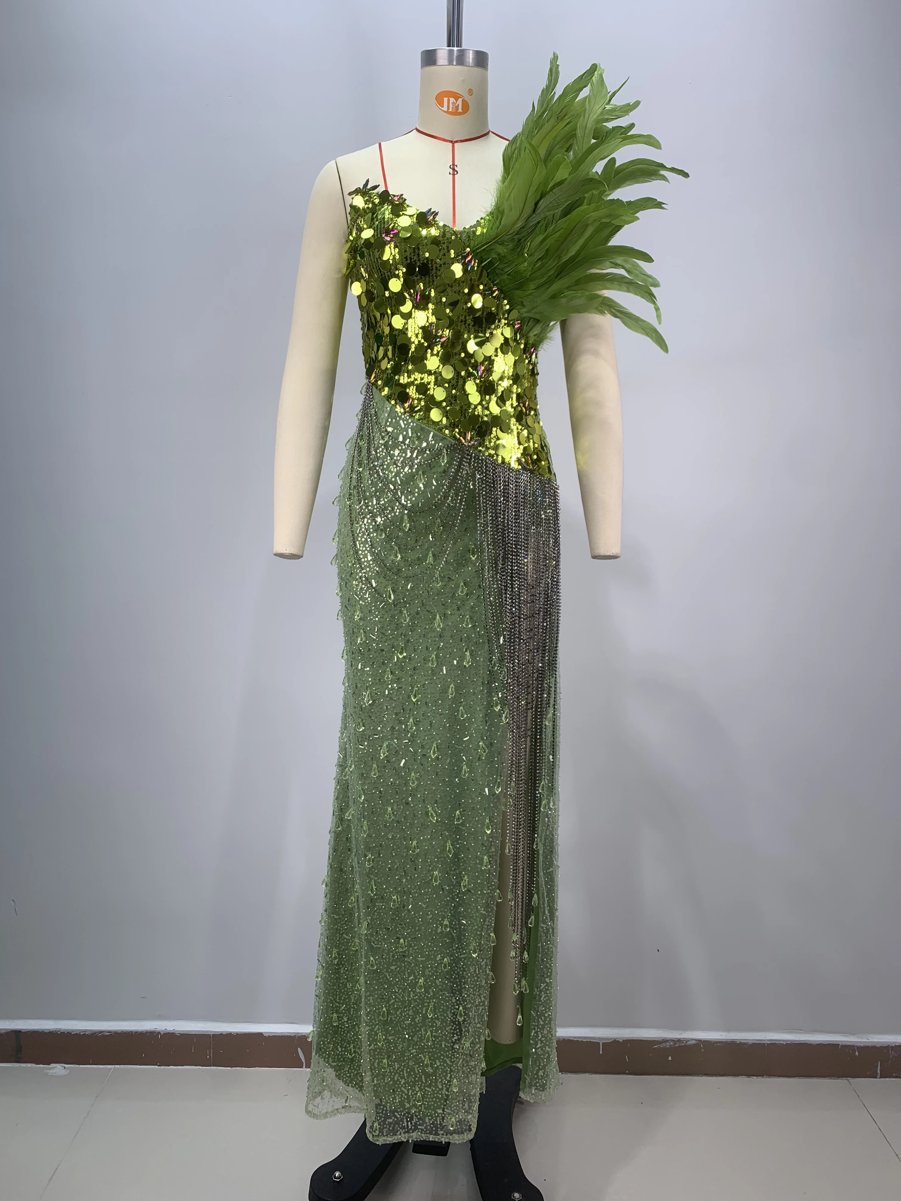 European And American Foreign Trade Sexy Matcha Wrapped Chest Feathers Decorated Sequin Diamond Decorated Long Dress