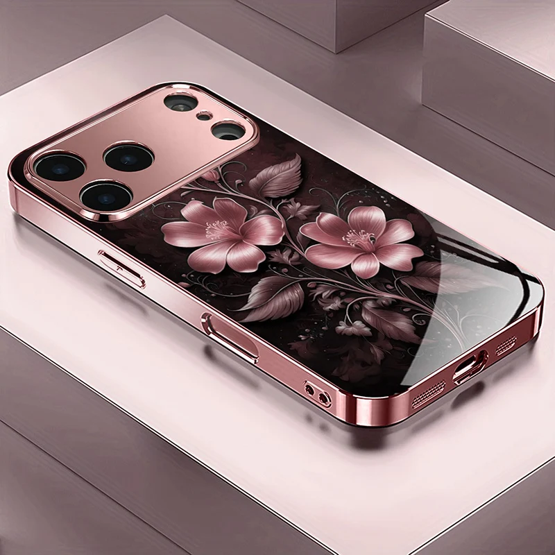 

Pink Flowers Pattern Pink Metallic Tempered Glass Phone Case For iPhone 11 12 13 14 15 16 17 Pro Max 15 Plus 17 Air 16E Cover
